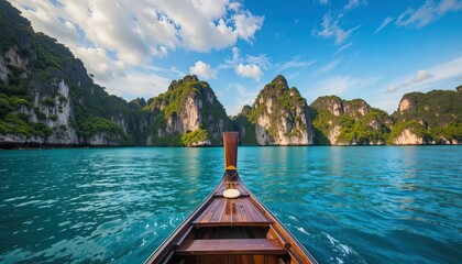 Wooden boat gliding through turquoise waters, offering a picturesque view of towering limestone cliffs covered in vibrant green foliage under a bright blue sky dotted with fluffy white clouds.