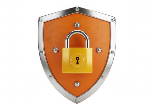 Orange shield yellow padlock protection isolated on a transparent background