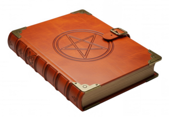Ornate leather bound book with pentagram isolated on a transparent background