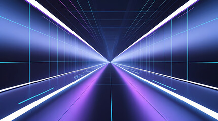 Abstract futuristic tunnel with glowing neon lights and digital grid