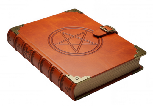 Ornate leather bound book with pentagram isolated on a transparent background