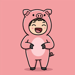 Cartoon child in pink pig costume with curly tail and black hooves, smiling with eyes closed on solid pink background.
