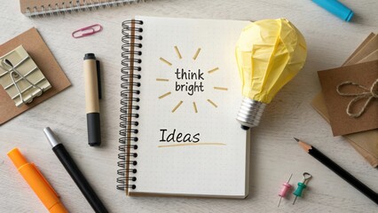 Creative Workspace Flat Lay with Light Bulb, Notebook, and Writing Tools for Idea Generation and Inspiration
