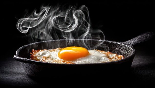 Close-up of a fried egg in a cast iron skillet with steam billowing upwards