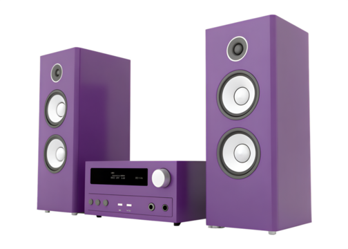 Purple stereo system with two tower speakers and amplifier on black audio equipment sound system