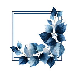 Watercolor painting of blue tinted leaves arranged around a square frame edge.