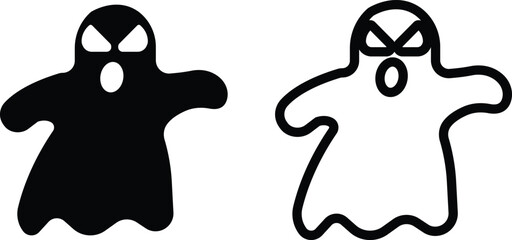 Ghost icon set in black flat and outline styles. Phantom or apparition haunting halloween ghost vectors, spooky ghost symbols, scary monster silhouette, horror cartoon phantom designs illustration.