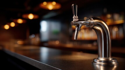 Shiny beer tap on a bar counter with blurred background lights.