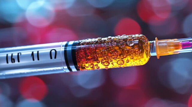 Close up of syringe filled with amber liquid and bokeh background.
