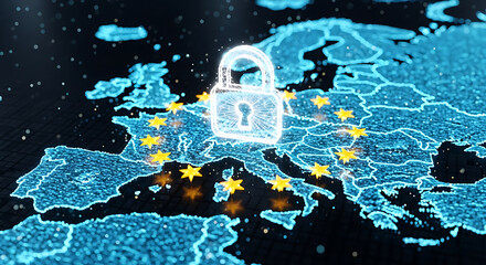 Conceptual visualization of digital privacy and network security in Europe with a padlock symbol over a glowing EU map, symbolizing data protection