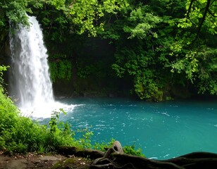 Lush waterfall flows into bright blue pool