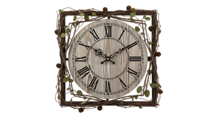 Rustic charm meets timeless tradition, a decorative wood clock with twig frame for home decor, adding warmth and style to any room, timekeeping elegance