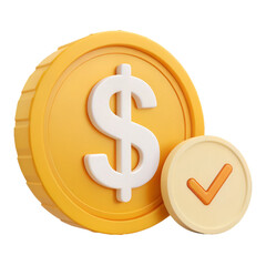 Obraz premium 3d golden coin with white dollar sign and orange checkmark money currency