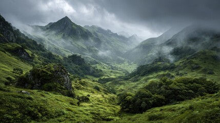Fototapeta premium Ethereal Fog Covered Mountains with Lush Green Valleys and Peaks