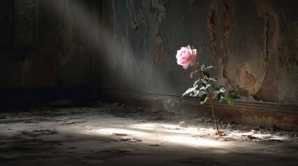 Hopeful Pink Rose Blooming in Abandoned Room with Sunlight