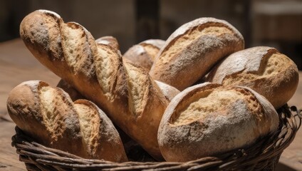 Freshly baked crusty artisan bread loaves in a rustic wicker basket.