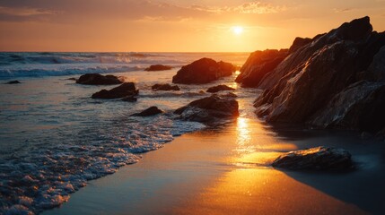 Sunset over rocky beach and ocean waters