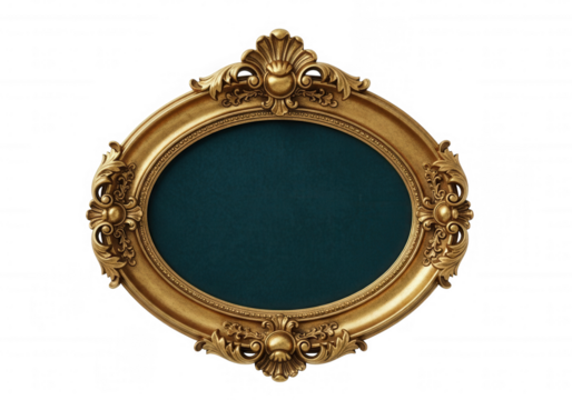 Ornate gold oval frame with teal background isolated on a transparent background