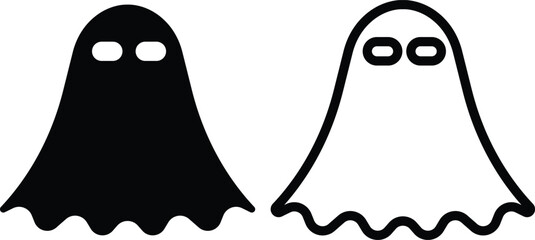Ghost icon set in black flat and outline styles. Phantom or apparition haunting halloween ghost vectors, spooky ghost symbols, scary monster silhouette, horror cartoon phantom designs illustration.
