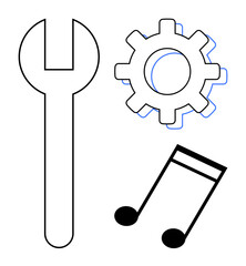 Wrench, gear, and music note illustrating repair, engineering, and artistic creation. Ideal for technology, mechanics, innovation design music productivity creativity. Simple flat metaphor