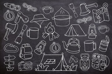 Various of camping gear seamless set on black background. Sketch of tent, campfire, compass, lantern, bag, pot, kettle, mug, hat, robe, axe on chalk board. Line art of camping equipment on black board