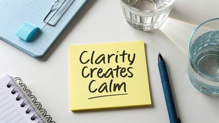 Inspirational Office Workspace with Sticky Note Reading 'Clarity Creates Calm' in Bright and Inviting Environment