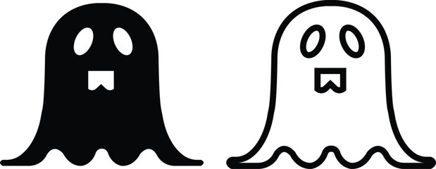 Ghost icon set in black flat and outline styles. Phantom or apparition haunting halloween ghost vectors, spooky ghost symbols, scary monster silhouette, horror cartoon phantom designs illustration.