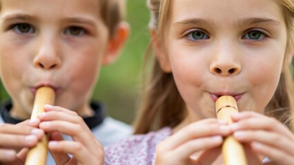 Two children playfully blowing into wooden flutes outdoors, enjoying a moment of music and friendship in a natural setting.
