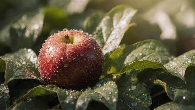 Fresh Red Apple with Dew Drops on Green Leaves.