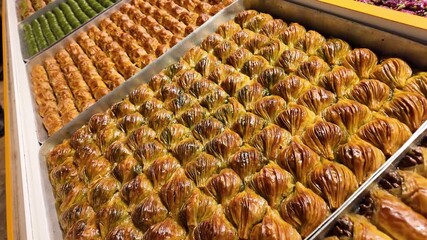 Baklava display in vibrant dessert shop at local market