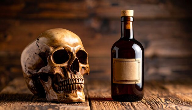 Skull and bottle on wooden table