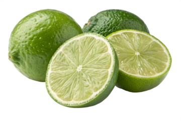 Close up of whole and halved bright green limes on black background citrus fruit