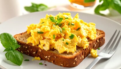 Golden toast topped!! with fluffy eggs and greens