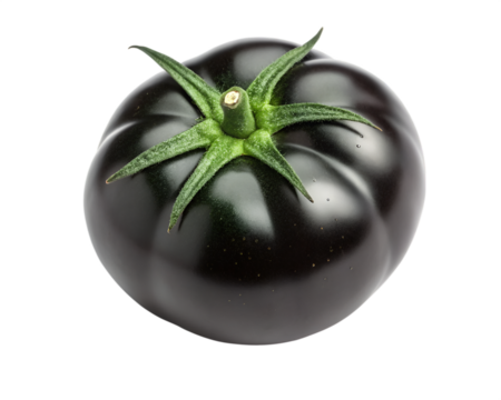 Dark Black Tomato with Green Stem and Leaves on Black Background dark tomato heirloom tomato