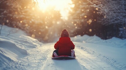 Child sledding in snowy forest at sunset