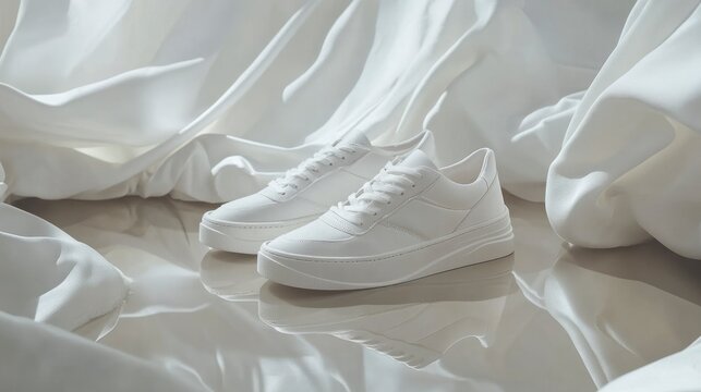 Minimalist white sneakers on reflective surface