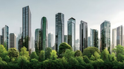 Fototapeta premium Sustainable green city skyline with tall glass buildings and fresh trees under clear blue sky, minimal upper background space for advertising or text placement.