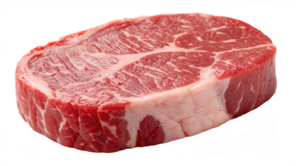 Raw marbled beef steak with thick white fat edge on black background meat