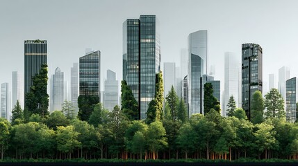 Fototapeta premium Clean eco-friendly cityscape with modern skyscrapers and lush trees, glass buildings reflecting bright sky, top empty background space perfect for text or graphic design.