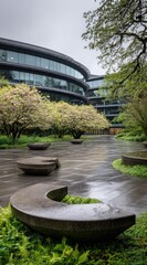 Modern curved building with a lush garden and stone seating on a rainy day