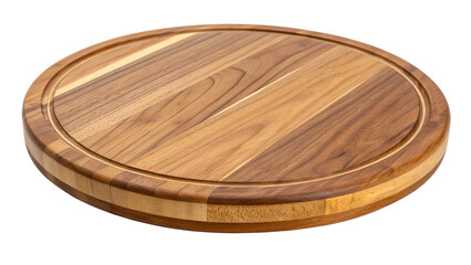 Round wooden cutting board with concentric groove and dark wood grain circular kitchen