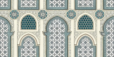 Intricate Islamic Art Pattern Seamless Wallpaper Design with Beige Arches