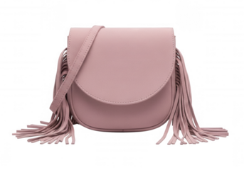 Pink leather crossbody bag with fringe isolated on a transparent background