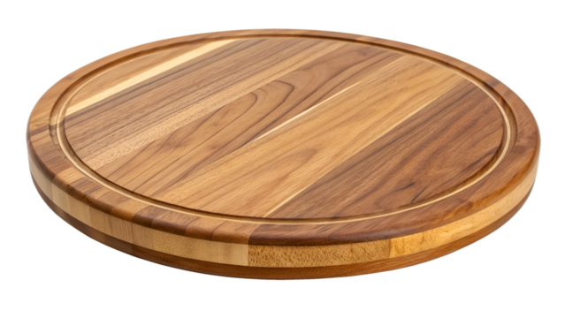 Round wooden cutting board with concentric groove and dark wood grain circular kitchen