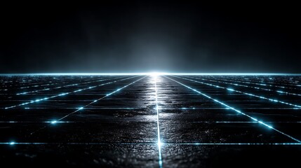 Futuristic technology background with glowing blue digital grid lines on dark gradient surface, abstract data network concept with upper empty space for text or virtual design layout.