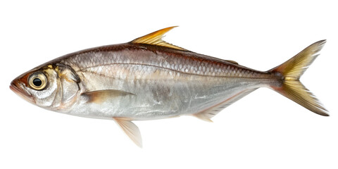 Fototapeta premium Side profile of a single fresh fish with silver scales and yellow fins seafood aquatic