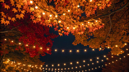 Obraz premium Autumn trees adorned with string lights at twilight creating a festive and warm atmosphere