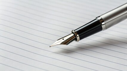A close-up of a fountain pen resting on lined paper, emphasizing the writing tool's design and the texture of the paper.