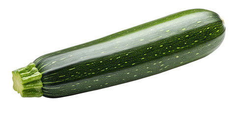 Single green zucchini with light speckles and ribbed stem on black vegetable food