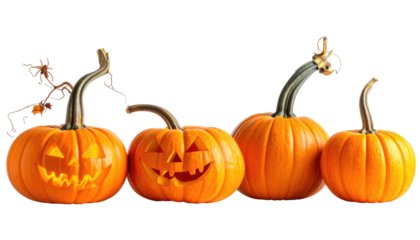 Four carved pumpkins, orange gourds, Halloween jack-o'-lanterns